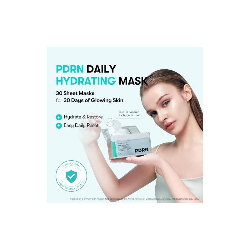 VT COSMETICS PDRN Daily Mask 30 Sheets, Vegan PDRN for