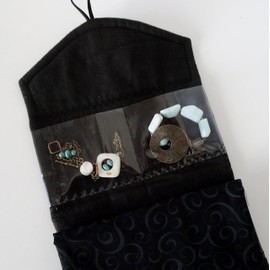Travel Jewelry Organizer-Clear Pocket Travel Wallet-Jewelry Storage- Black Fabric Purse for Travel