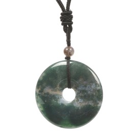 Justinstones Natural Moss Agate Peace Donut Healing Crystal 40mm Circle Coin Shaped Stone Pendant Adjustable Braided Cord Necklace 28 Inch