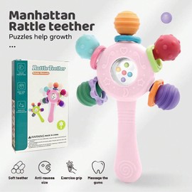 Baby Montessori Sensory Toys for 0-6 6-12 Months, Montessori Early Education Toy, Teething Toy for 3-6 Months, 6-12 Months, Rattle Stick Toy,Baby Rattle, Grasp Training Toy, Baby Teething Toys, Newborn Toys (Pink)