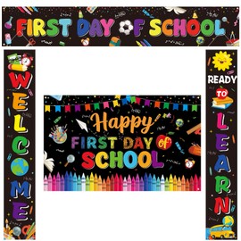 Ctosree 4 Pcs First Day of School Banner Welcome to Learn Sign Happy First Day of Schools Backdrop Decorations Back to School Banner for Classroom Party Decorations