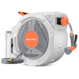 Retractable Garden Hose Reel, 5/8 in x 100 Ft Wall Mounted Hose Reel, 10-Pattern Spray Nozzle, Any Length Lock/Slow Return System/Wall Mounted/180°Swivel Bracket