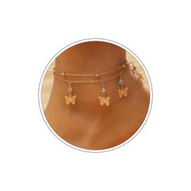 Zeshimb Gold Butterfly Ankle Braclet Layered Bead Chain Anklet Dainty Rhinestone Butterfly Ankle Chain Beach Wedding Anklet Foot Jewelry for Women