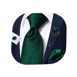 Hi-Tie Striped Men's Tie Lapel Pin Set Dark Green Pocket Square Cufflinks Formal Woven Silk Tie Sets Wedding Party