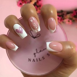 Juneyemo 24 Pieces French Square Nails Pink False Nails with Rhinestone Bling Sequins Designs Acrylic Fake Nail Glossy Press on Nails for Women and Girls (C)