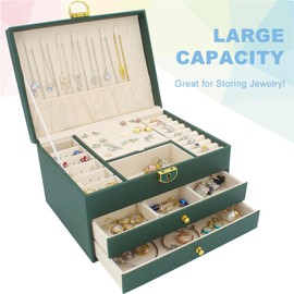 KOOAAICCHI Jewelry Box for Women, 3-Layer Jewelry Organizer, Jewelry Storage Case PU Leather for Earrings, Bracelets, Ring, Necklaces-Green