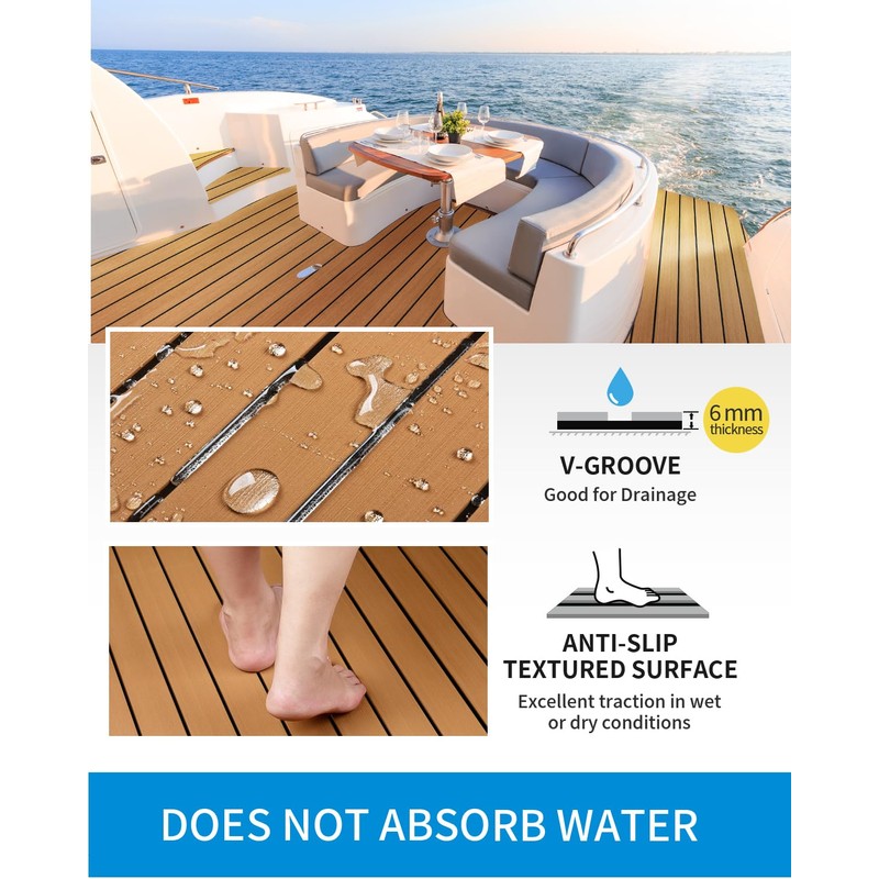 OCEANBROAD Boat Flooring EVA Foam Self-Adhesive 96''x45.6''/36''/28.8''/16.8'' Faux Teak Marine
