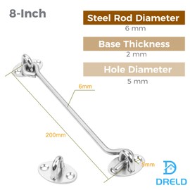 DRELD Pack of 2 Stainless Steel Cabin Hooks with Eyelet, 20 cm Door Hooks with 8 Screws Gate Hook Lock Latch Door Storm Hook for Roller Shutters, Sheds, Sliding Doors, Garage Door, Window (8