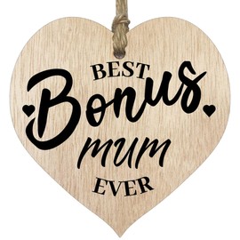 Step Mum Gifts from Daughter Son - Best Bonus Mum - Best Step Mum Gifts, Presents for Step Mum, Hanging Wooden Heart Sign Plaque, Birthday Gifts for Mum Gift, Mothers Day - Light Wood Hearts Sign