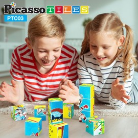 PicassoTiles Pete the Cat Magnet Puzzle Building Block Cubes 6 Cartoon Themed Brain Teaser Puzzles Mix and Match Magnetic Playset STEM Educational Toy Set Preschool Sensory Toys Toddlers Ages 3+ PTC03