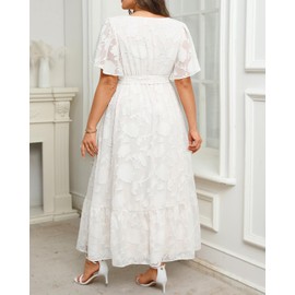 Plus Size White Dress for Curvy Women 2025 Maxi Wrap V Neck Flutter Sleeve Lace Floral Summer Long Dresses with Belt