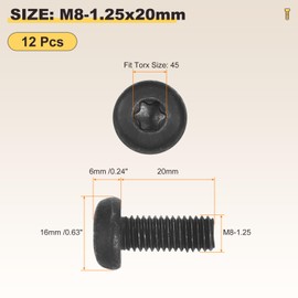METALLIXITY Pan Head Torx Security Screws Bolts (M8-1.25x20mm) 12Pcs, Button Torx Head Machine Screws Carbon steel - for Furniture Woodworking Project, Black
