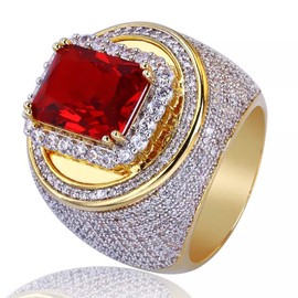 Htayekog 18K Gold Cluster Lab Simulated Diamond Band Micropave Mens Bling Ring Fashion Gold Plated Ruby CZ Diamond Ring (9)