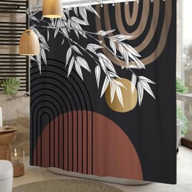Leowefowa Boho Mid Century Shower Curtain 72x72 Inch Abstract Geometric Arch Lines Sun Plant Leaves Minimalist Shower Curtains Modern Aesthetic Simple Art Home Bathroom Decor Curtains 12 Hooks
