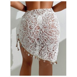 GORGLITTER Women's Lace Sarong Wraps Beach Cover Up Skirt Sheer Tie Side Swimsuit Coverups White Medium