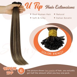 Sunny Hair U Tip Hair Extensions Human Hair 22inch Dark Brown Balayage Caramel Blonde with Highlight Keratin Hair Extensions Brown K Tip Hair Extensions Real Human Hair Effortless Highlights 50g