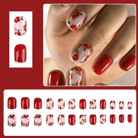 Viugex 24Pcs French False Nails, Short Square Press on Nails Glossy Red Acrylic Fake Nails with Glue Stickers, Spring Summer Flowers Glue on Nail, Full Cover Gel Stick on Nail for Women and Girls