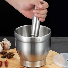 Stainless Steel Mortar and Pestle, 5 Inch Polished Food Crusher with Lid, Heavy Duty Pill Crusher, Non-Slip Base Spice Grinder, Herb Crusher Enhanced Performance