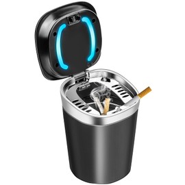 Car Ashtray, Portable Stainless Steel Ashtray Car with LED Light and Lid for Car, Home, Office
