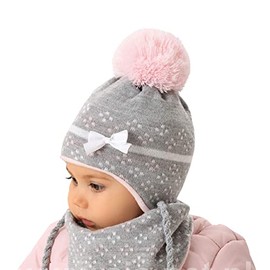 AJS Baby Winter Hat Girls Set Triangle Scarf Size 36/38, 0-6 Months, Pink / Grey