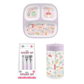 Kids Fairy Garden Dining Set, 3 Section Plate, 450ml Bottle with Straw Lid, 3 Piece Cutlery Set, Purple and Pink Whimsical Fairies, Flowers and Toadstools, Bowl, Girls