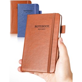 AISBUGUR Pocket Notebook Small Notebook 2-Pack, 3.5" x 5.5" Pocket Notebooks Hardcover with Thick Lined Paper, Inner Pockets, Cover Letter Embossing Design Mini Journal Notepad 1Brown 1Blue Leather