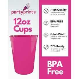 PartyPrints 10 Pack 10 to 12 Oz Neon Pink Reusable Blank Plastic Cups, Stadium Cups Bulk – BPA Free Dishwasher Safe Party Cups, Colored Cups Perfect for Party, Wedding, Birthday Graduation, Clubs