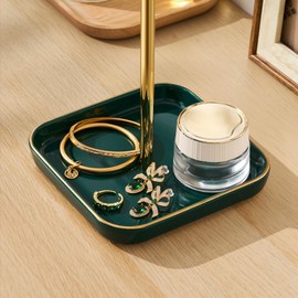 Jewelry Holder Stand with Ceramic Base: 12" Tall Necklace Organizer Rack, Tree Design Display Storage for Necklaces, Bracelets, Rings, Earrings, Aesthetic Room Décor for Girls and Women, Green