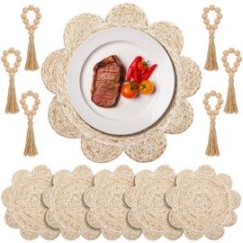 Gandeer 6 Set 13.8" Round Woven Rattan Placemats with Wooden Bead Napkin Rings, Heat Resistant, and Non-Slip, Scalloped Edge Boho Farmhouse Braided Straw Table Mats for Kitchen & Dining Wedding
