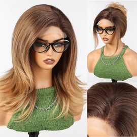 HAIRCUBE Lace Front Wig for Women Wavy Wigs with Partial Fringe, Heat Resistant Fibre Synthetic Lace Front Wig Golden Brown Color