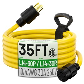 POWGRN 30-Amp Generator Extension Cord (35 Feet) 4-Prong 125/250V 7500W, NEMA L14-30P/L14-30R,10 Gauge STW Locking Power Cord for Transfer Switch, Portable Generators,Yellow 35ft Generator Cable