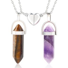 MISS RIGHT Crystal Friendship Matching Couples Necklaces for Women Men with Heart Charm, Dainty Rose Quartz Best Friends BFF Necklace for 2 (Amethyst & Tiger Eye)