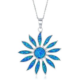 iJewelry2 Sterling Silver Blue Inlay Opal Designer Daisy Flower Pendant Necklace