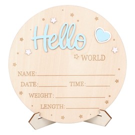 Baby Announcement Sign, Wooden Hello World Newborn Sign Cute Welcome Baby Name Board for Boys Girls Photo Props Hospital Nursery Decor