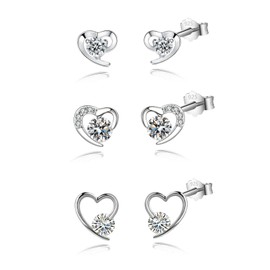 HinDaLi 3 Paar Herz Ohrringe Silber 925 Set Silber Ohrringe Damen Kleine Diamant Ohrringe Herz Ohrstecker Silber Ohrringe Zirkonia Roud Ohrringe Silber Stecker Ohrringe für Damen Mädchen Frauen