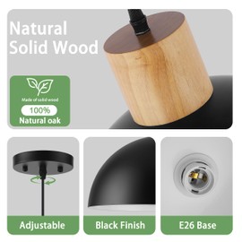 QianZhan 2 Pack Large Black and Wood Pendant Light, 16 Inch Modern Matte Black Pendant Lights Fixtures Adjustable Farmhouse Ceiling Hanging Lighting,for Kitchen Island Dining Room Barn Office