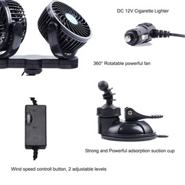 PME 12V Dual-Head Powerful Auto Fan Low Noise Stepless Speed Switch, Suction Cup mounted on Vehicle Boat Golf Cart Windshield Dashboard