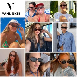 VANLINKER Retro Rectangle Polarized Sunglasses for Women Men Small 90s Style Vintage Trendy Narrow Rectangular Frame VL9813, Black Brown