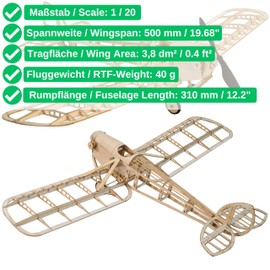 DH.53 Humming Bird Slow Flyer Model Aircraft Kit, Scale 1:20, 500 mm Wingspan, RC Aircraft Model Building Kit, Model Aeroplane to Build Yourself, Lasered Wood Components, 500 x 310 x 128 mm, 40 g RTF
