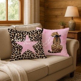 FITIE Trendy Pink Star Leopard Pillow Covers 18x18, Cheetah Print Room Decor, Funky Preppy Coquette Bow Leopard Star Decorative Throw Pillow Covers for Girls Bedroom Apartment Home, Set of 2