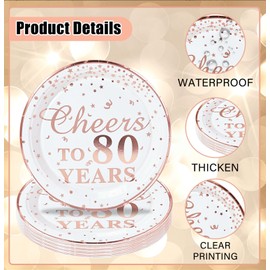 SietDESEO 50 PCS Cheers to 80 Years Paper Plates with Rose Gold Foil 7 Inch Disposable Plates 80th Birthday Dessert Plate for Birthday Party Supplies