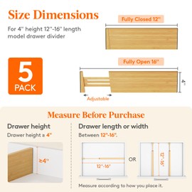 Lifewit 4" High 5 Pack Bamboo Drawer Dividers 31-40cm/12-16 Adjustable Wooden Drawer Organizer for Clothes/Utensils, Expandable Drawer Separator for Dresser/Kitchen/Bedroom/Office Organization