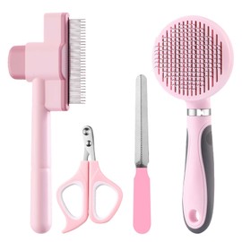 HCHYEY Cat Grooming Kit, 4-in-1 Cat Grooming Tools with Cats Brush, Flea Comb, Nail Clipper & Trimmer - Deshedding & Dematting for Pets Hair and Paws, Pet Shedding Set for Indoor Dogs & Cats (Pink)