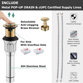 PARLOS Two-Handle Widespread Bathroom Faucet with Metal Pop-up Drain Assembly and cUPC Faucet Supply Lines, Brushed Gold, 1364908