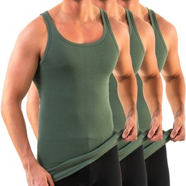 HERMKO 3007 Pack of 3 Extra Long Men's Vest (+10 cm) Tank Top Made from 100% Organic Cotton, olive