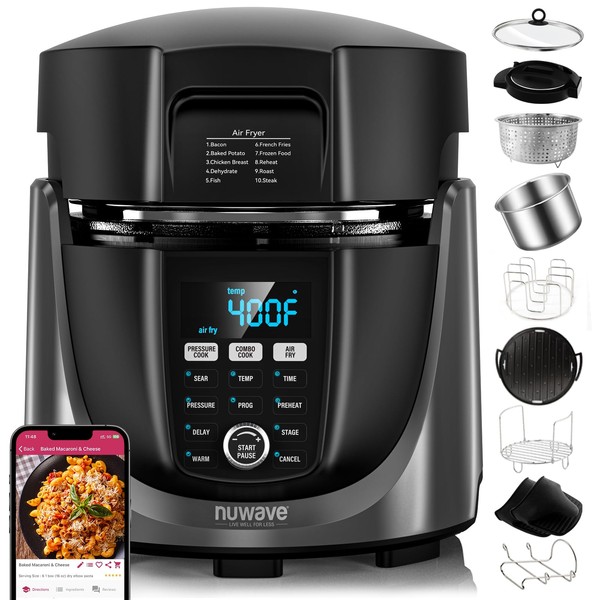 Nuwave Duet Air Fryer, Electric Pressure Cooker & Grill Combo, 540 IN 1 Multicooker with 3 Removable Lids that Slow Cook, Sears, Sautés, 18/10 SS Pot, Sure-Lock Safety Tech & 10 Deluxe Accessories