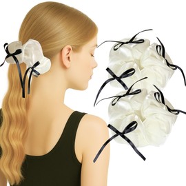 White Satin Bow Scrunchie with Black Ribbon 1pc – No Damage Hair Tie & Bobble for Women & Girls, Korean Stylish Hair Accessory for Party, Wedding, Bridal, Gift, All Hair Types