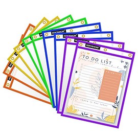 Stitched Dry Erase Pocket, Heavy Duty Reusable Sleeves 11.75" X 9.5", Clear Both Sides Plastic Sleeves with 3 Holes for Classroom Organization and More, 5 Trim Assorted Colors (Pack of 10)