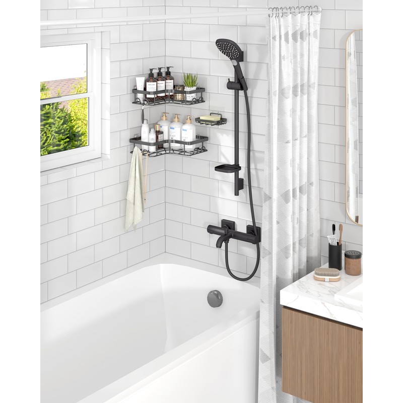Sakugi Corner Shower Caddy, Large, 2-Pack, Soap Holder & Hooks,