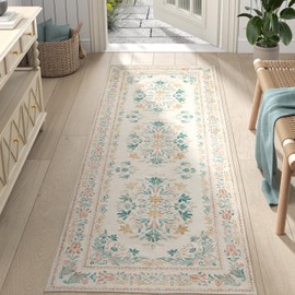jinchan Vintage Floral Runner Rug 2x7 - Machine Washable Distressed Design Non-Slip Low-Pile Soft Thin Carpet for Hallway Kitchen Farmhouse Bedroom Entryway Laundry Room (2x7ft,Apricot Multi)